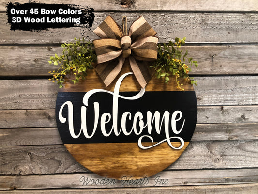 Welcome Door Hanger with STRIPE Wreath 16" Round Sign Spring - Wooden Hearts Inc