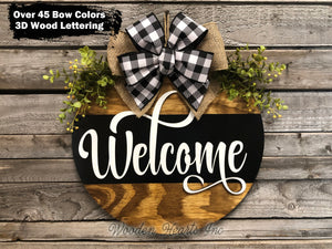 Welcome Door Hanger with STRIPE Wreath 16" Round Sign Spring - Wooden Hearts Inc