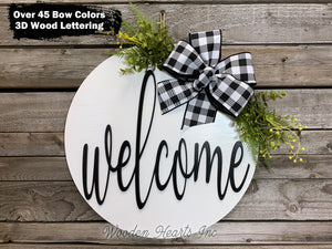 WELCOME Sign Front Door Hanger 16" Round Wood Wreath Bow Everyday Sign Spring Easter - Wooden Hearts Inc