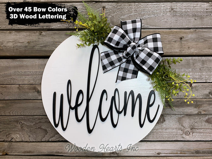 WELCOME Sign Front Door Hanger 16" Round Wood Wreath Bow Everyday Sign Spring Easter