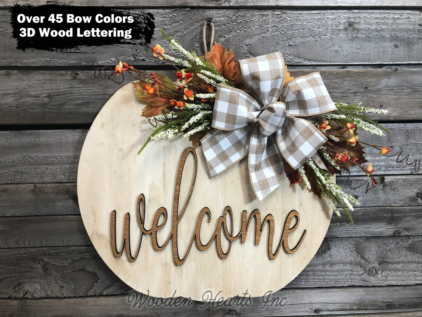 FALL Door hanger PUMPKIN sign Wreath WELCOME or Blessed Sign Wood 16" 3D  Bow Leaves - Wooden Hearts Inc