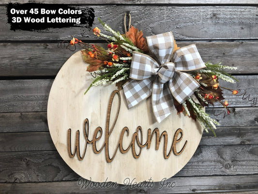 FALL Door hanger PUMPKIN sign Wreath WELCOME or Blessed Sign Wood 16" 3D  Bow Leaves - Wooden Hearts Inc