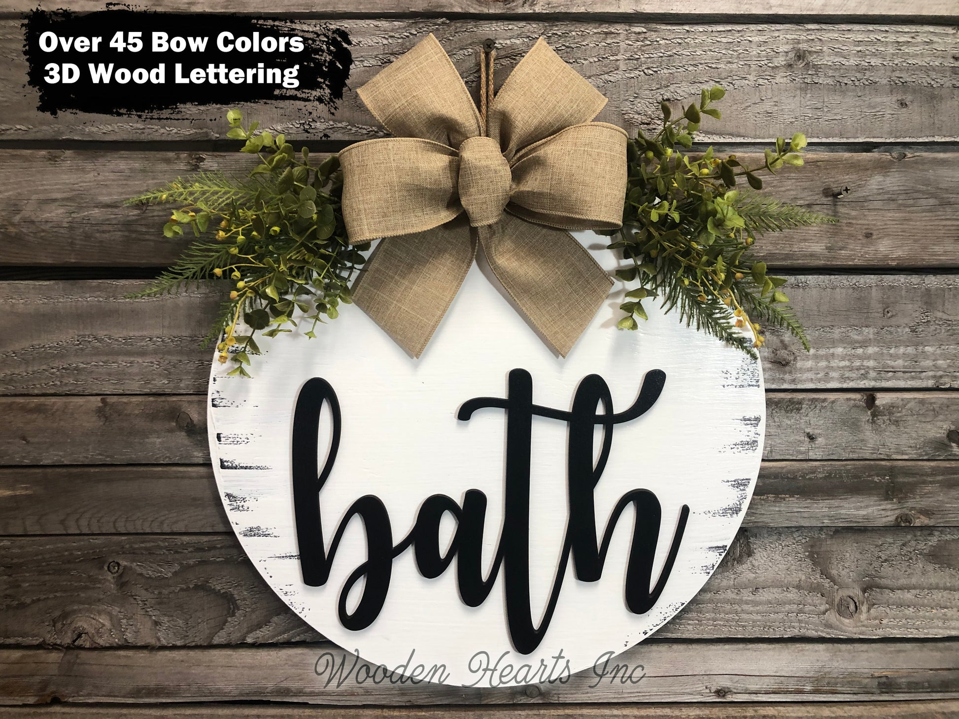 Bathroom Wall Decor BATH 16" Round Sign Spring Wreath with EUCALYPTUS Door Decoration - Wooden Hearts Inc