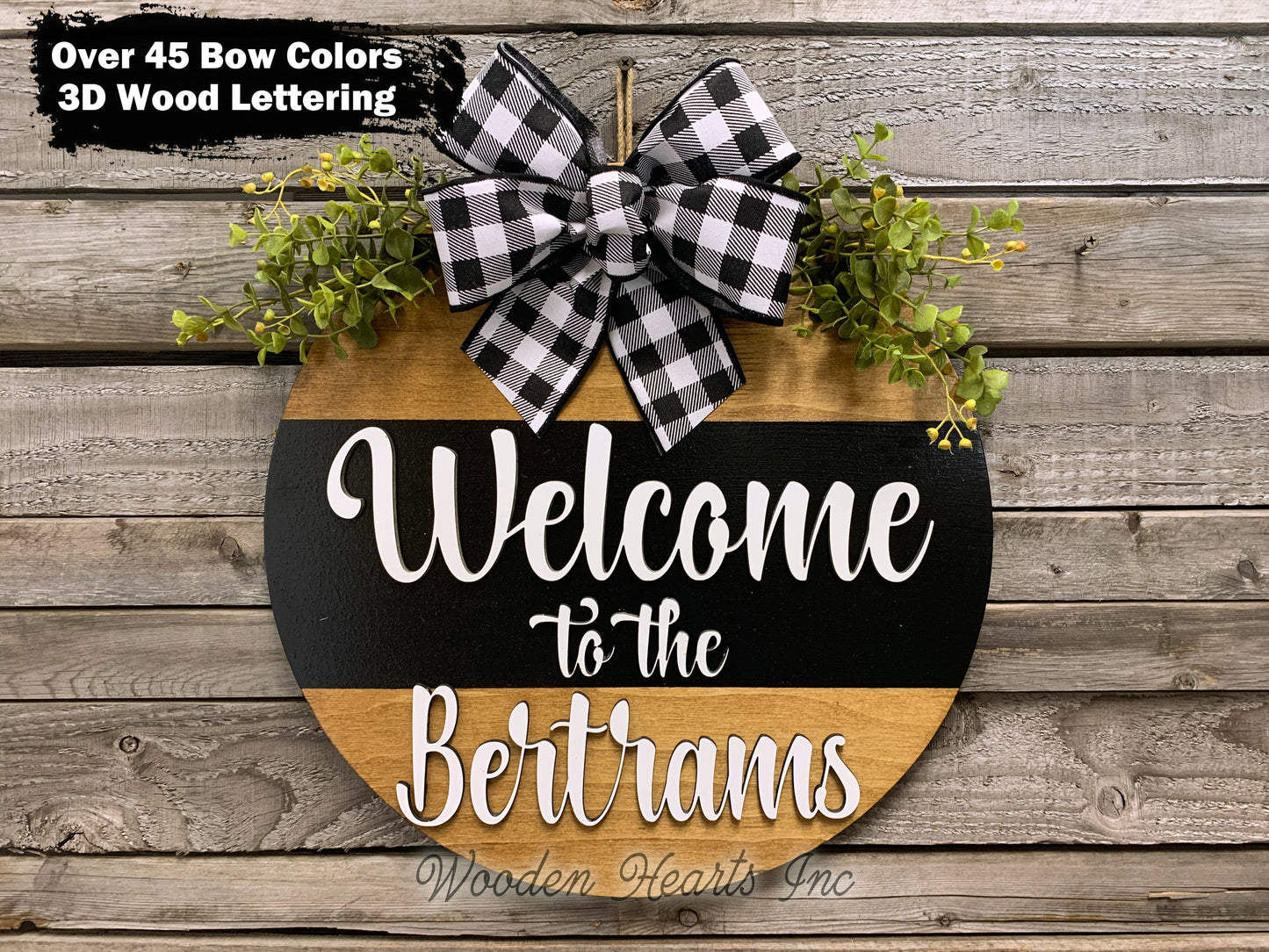 Welcome to the (Last name) Door Hanger with STRIPE Wreath 16" Everyday All year Round Sign - Wooden Hearts Inc