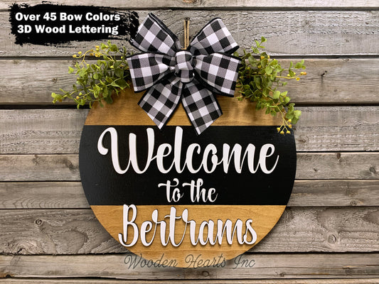 Welcome to the (Last name) Door Hanger with STRIPE Wreath 16" Everyday All year Round Sign - Wooden Hearts Inc
