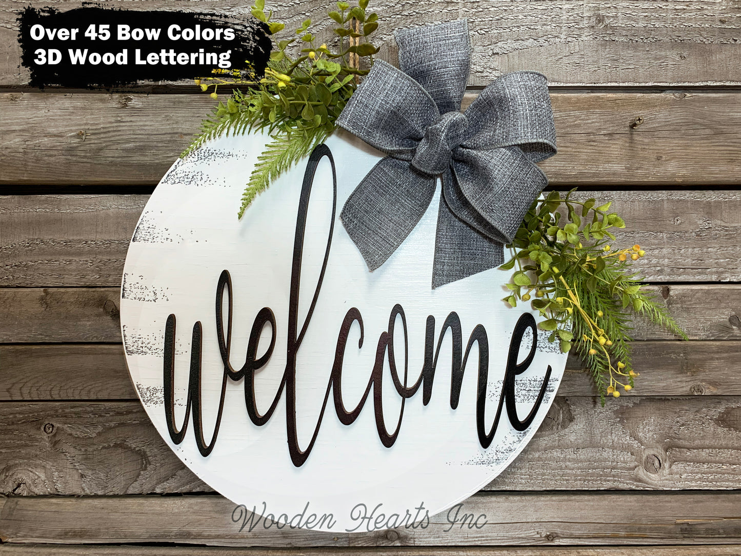 WELCOME Sign Front Door Hanger 16" Round Wood Wreath Bow Everyday Sign Spring Easter - Wooden Hearts Inc