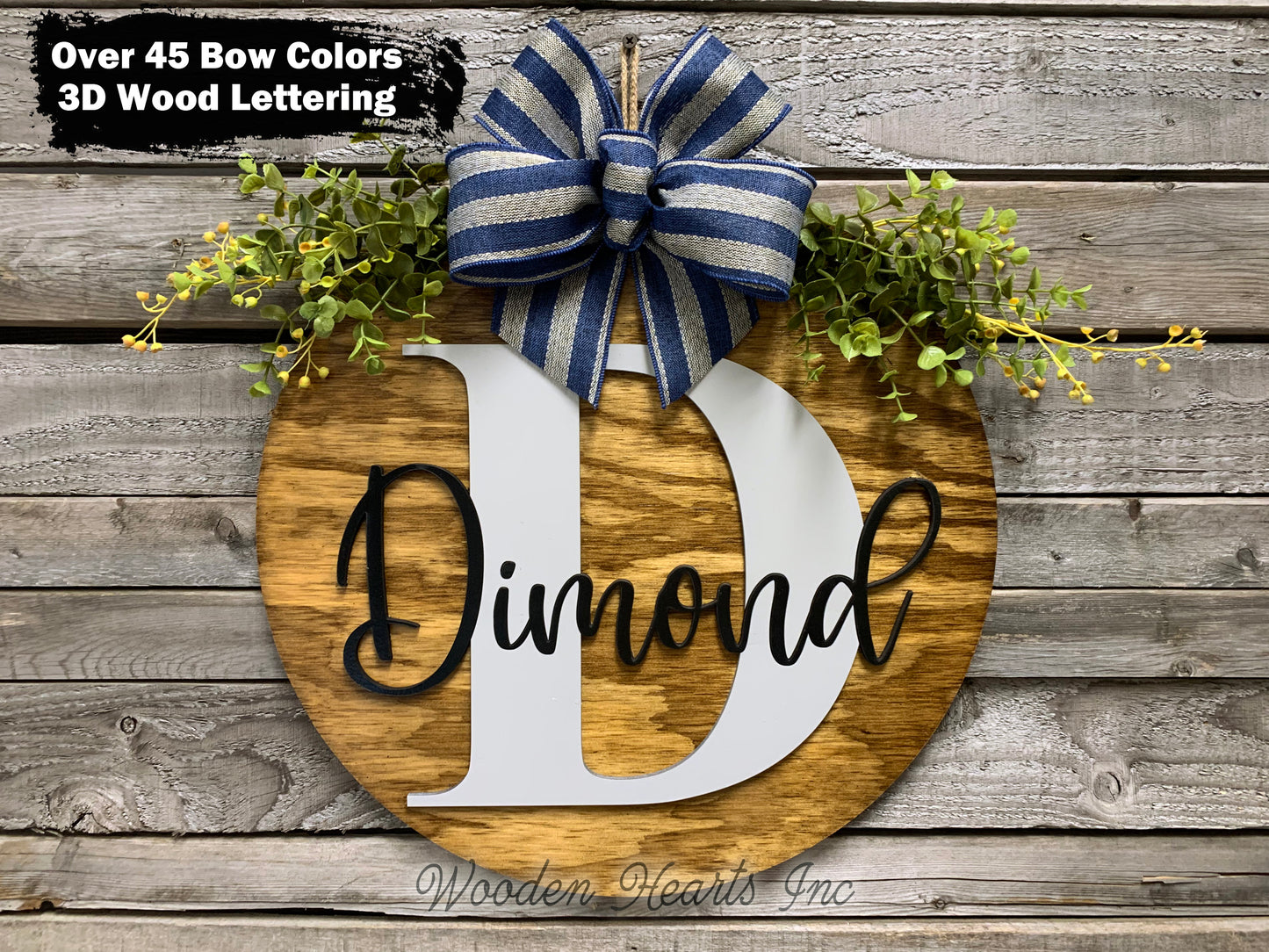 Monogram Last Name 16" Round Letter Sign, Custom, Personalize Name, Door Sign - Wooden Hearts Inc