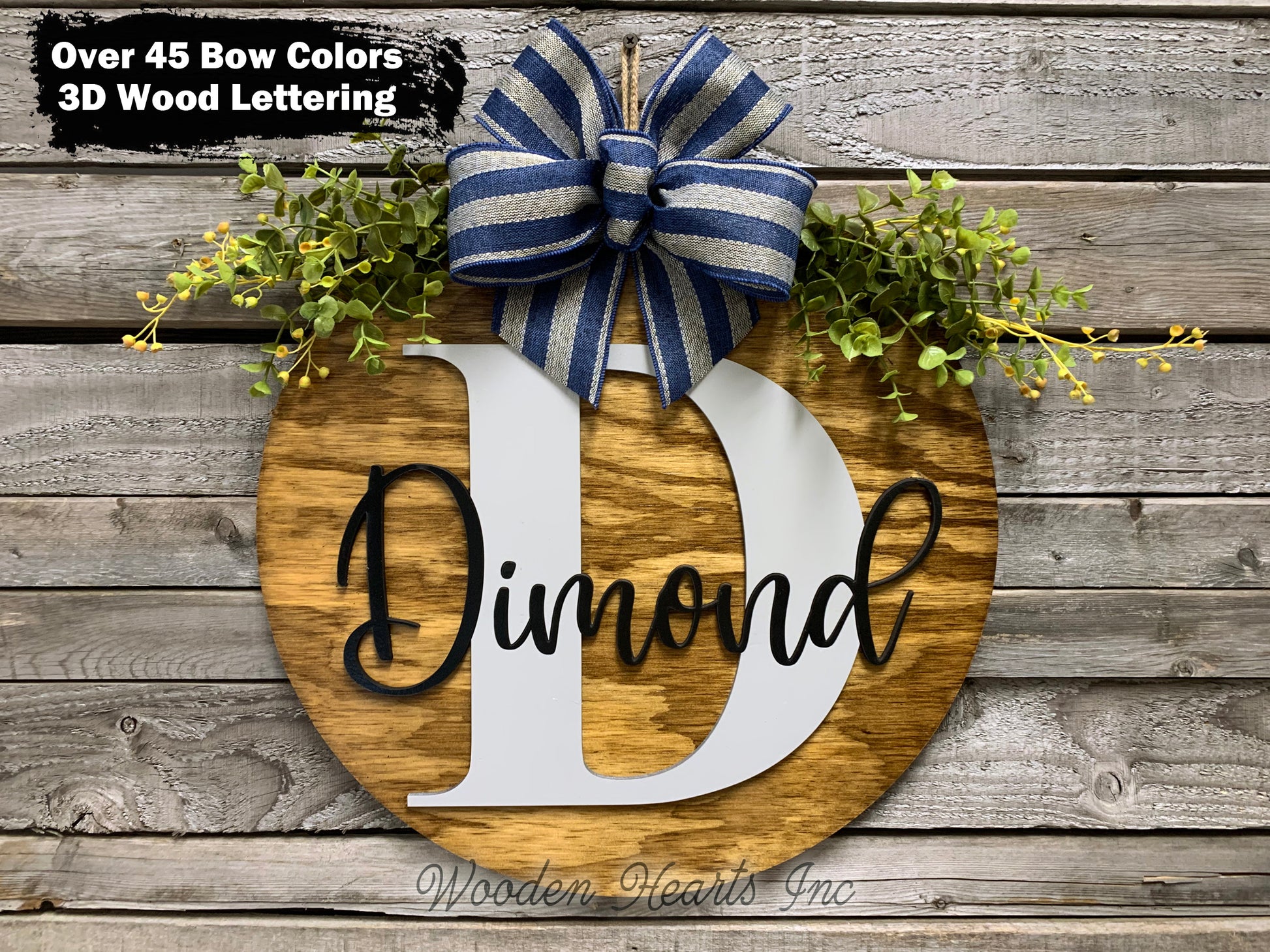 Monogram Last Name 16" Round Letter Sign, Custom, Personalize Name, Door Sign - Wooden Hearts Inc