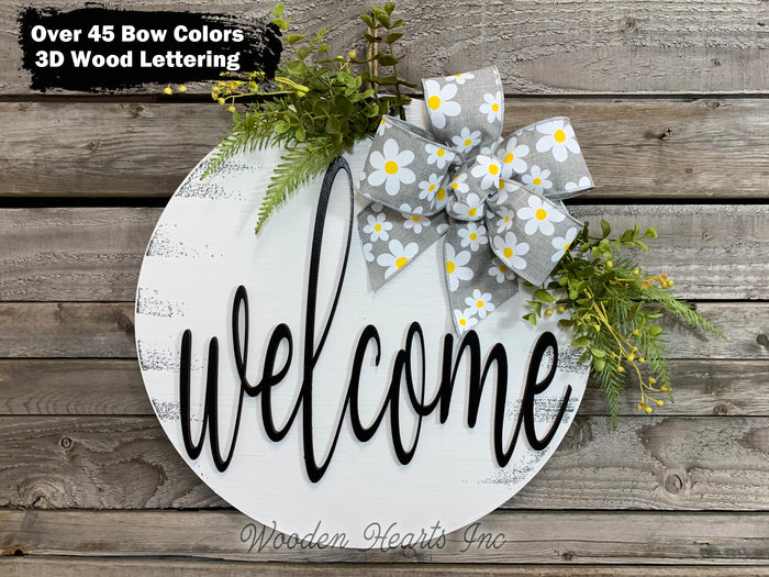 WELCOME Sign Front Door Hanger 16" Round Wood Wreath OFFSET Bow Sign Spring