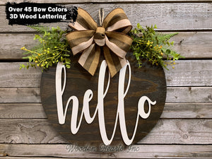 HELLO Sign Front Door Hanger 16" Round Wood Wreath Bow Everyday Sign Spring Easter - Wooden Hearts Inc