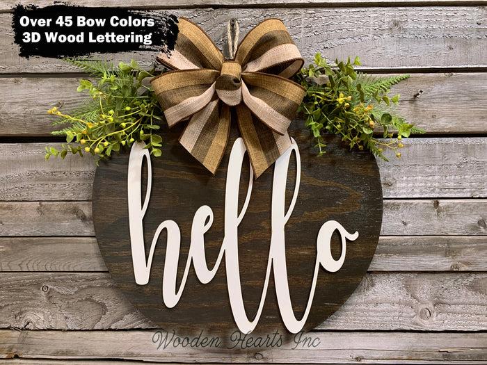 HELLO Sign Front Door Hanger 16" Round Wood Wreath Bow Everyday Sign Spring Easter