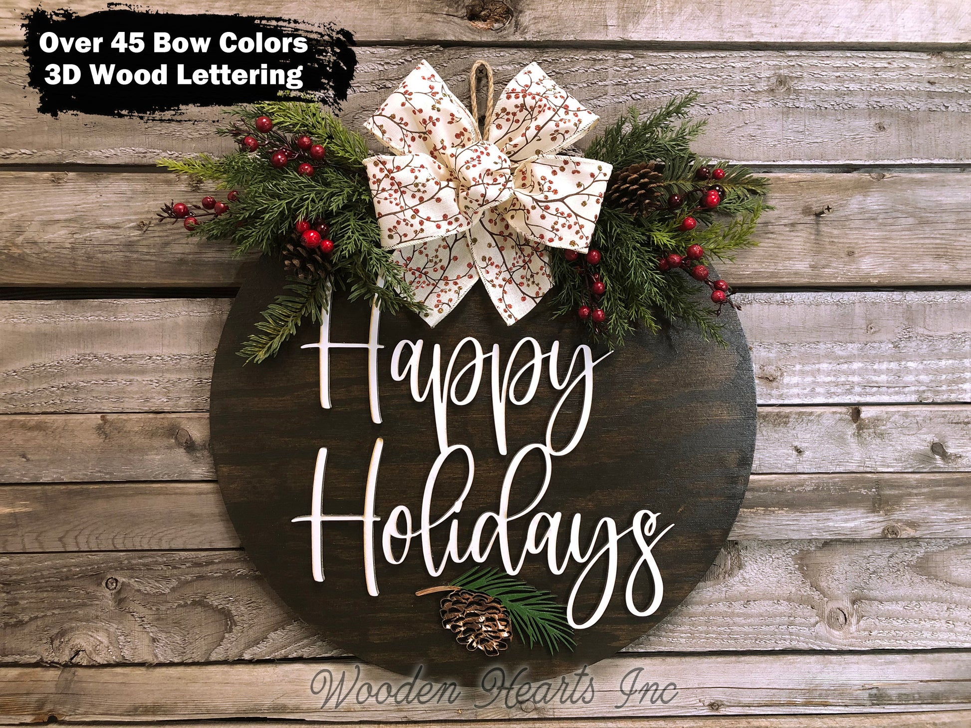 Happy Holidays Door Hanger Merry Christmas, Seasons Greetings, Wreath Custom 16" Round Sign - Wooden Hearts Inc