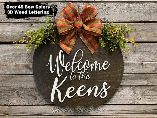 Personalized Door Hanger Welcome Wreath Custom Last Name 16" Round Sign Spring - Wooden Hearts Inc