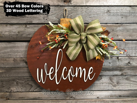 FALL Door hanger PUMPKIN sign Wreath WELCOME or Blessed Sign Wood 16" 3D  Bow Leaves - Wooden Hearts Inc