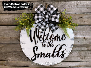 Personalized Door Hanger Welcome Wreath Custom Last Name 16" Round Sign Spring - Wooden Hearts Inc