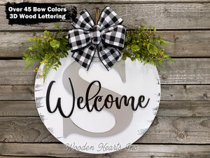 WELCOME + Monogram Letter 16" Round Letter Sign, Custom, Personalize, Door Sign - Wooden Hearts Inc