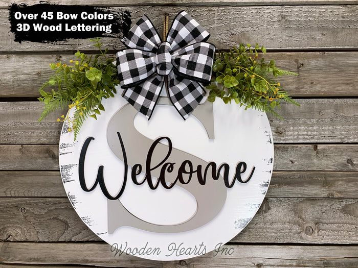 WELCOME + Monogram Letter 16" Round Letter Sign, Custom, Personalize, Door Sign
