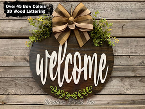 WELCOME with leaf embellishment Door Hanger Welcome Wreath Custom 16" Round Sign Spring - Wooden Hearts Inc