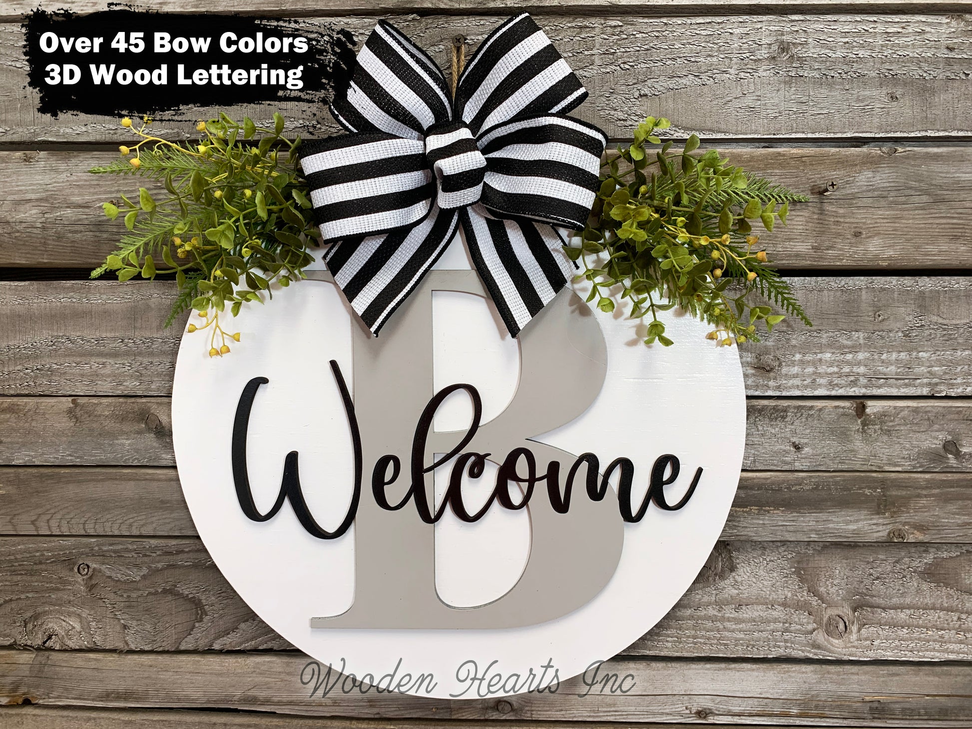 WELCOME + Monogram Letter 16" Round Letter Sign, Custom, Personalize, Door Sign - Wooden Hearts Inc