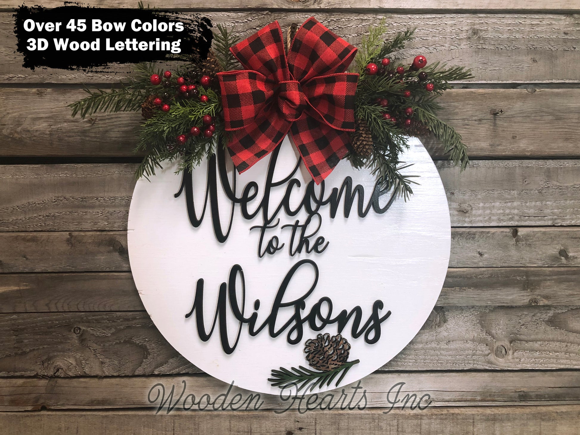 Personalized Christmas Door Hanger Happy Holidays, Wreath Custom Last Name 16" Round Sign - Wooden Hearts Inc