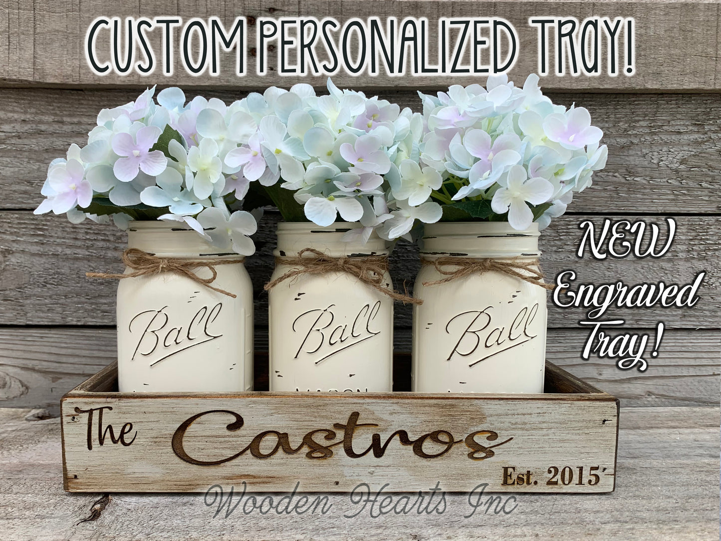 PERSONALIZED Tray ENGRAVED CUSTOM Centerpiece Kitchen Mason Jars wedding gift Name Est Date - Wooden Hearts Inc