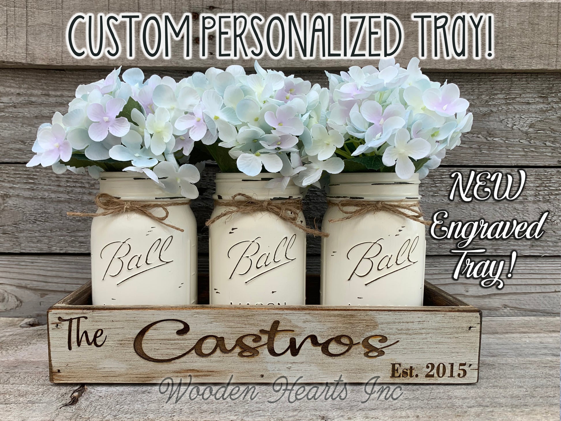 PERSONALIZED Tray ENGRAVED CUSTOM Centerpiece Kitchen Mason Jars wedding gift Name Est Date - Wooden Hearts Inc
