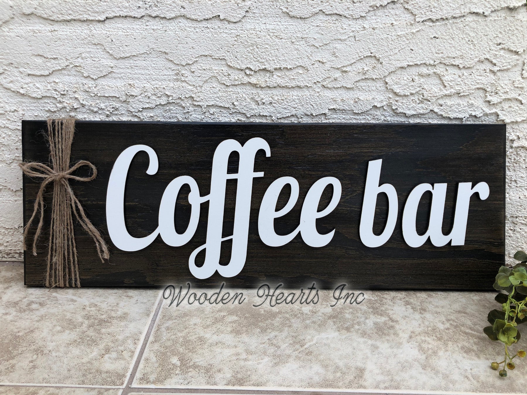 COFFEE BAR Home 3D Wood Horizontal Wall Sign With Jute Rope 7x20 White Gray Black - Wooden Hearts Inc