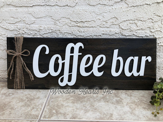COFFEE BAR Home 3D Wood Horizontal Wall Sign With Jute Rope 7x20 White Gray Black - Wooden Hearts Inc