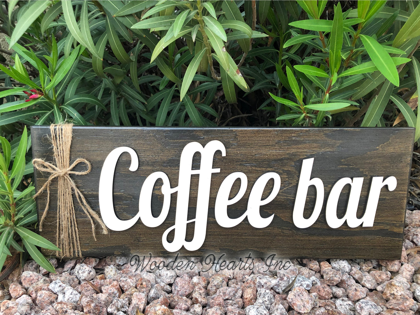 COFFEE BAR Home 3D Wood Horizontal Wall Sign With Jute Rope 7x20 White Gray Black - Wooden Hearts Inc