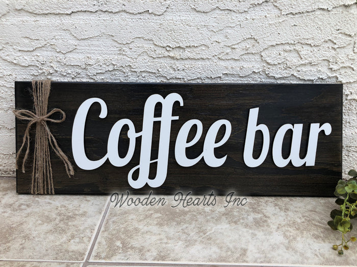 COFFEE BAR Home 3D Wood Horizontal Wall Sign With Jute Rope 7x20 White Gray Black