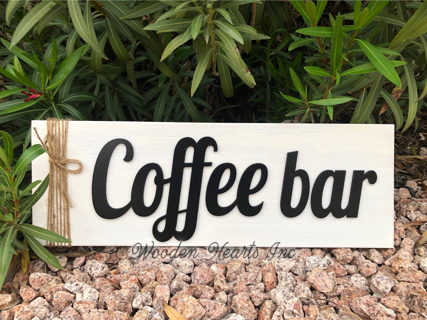 COFFEE BAR Home 3D Wood Horizontal Wall Sign With Jute Rope 7x20 White Gray Black - Wooden Hearts Inc
