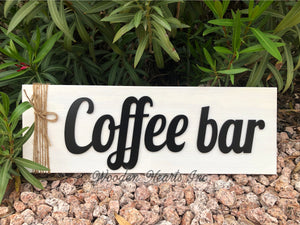 COFFEE BAR Home 3D Wood Horizontal Wall Sign With Jute Rope 7x20 White Gray Black - Wooden Hearts Inc