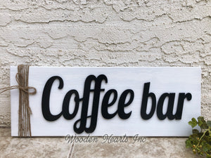 COFFEE BAR Home 3D Wood Horizontal Wall Sign With Jute Rope 7x20 White Gray Black - Wooden Hearts Inc