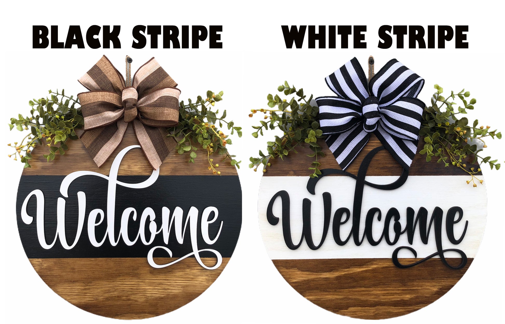 Welcome Door Hanger with STRIPE Wreath 16" Round Sign Spring - Wooden Hearts Inc