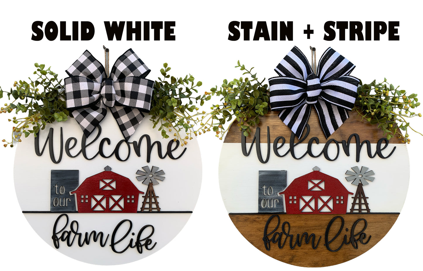 Welcome to our FARM Life Door Hanger with white STRIPE Wreath 16" Everyday All year Round Sign - Wooden Hearts Inc