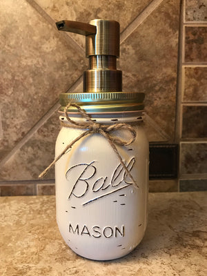 Mason JAR SOAP Brass Bronze Gold Metal DISPENSER Distressed Ball Pint *Kitchen Bathroom Cream White - Wooden Hearts Inc