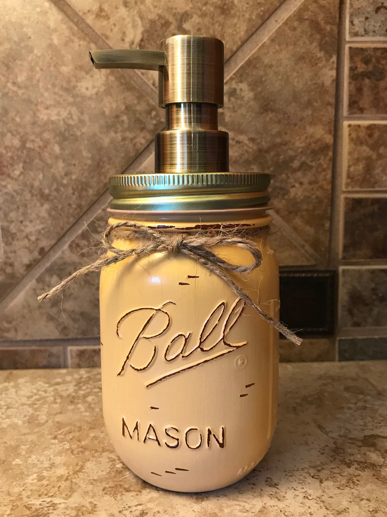Mason JAR SOAP Brass Bronze Gold Metal DISPENSER Distressed Ball Pint *Kitchen Bathroom Cream White - Wooden Hearts Inc