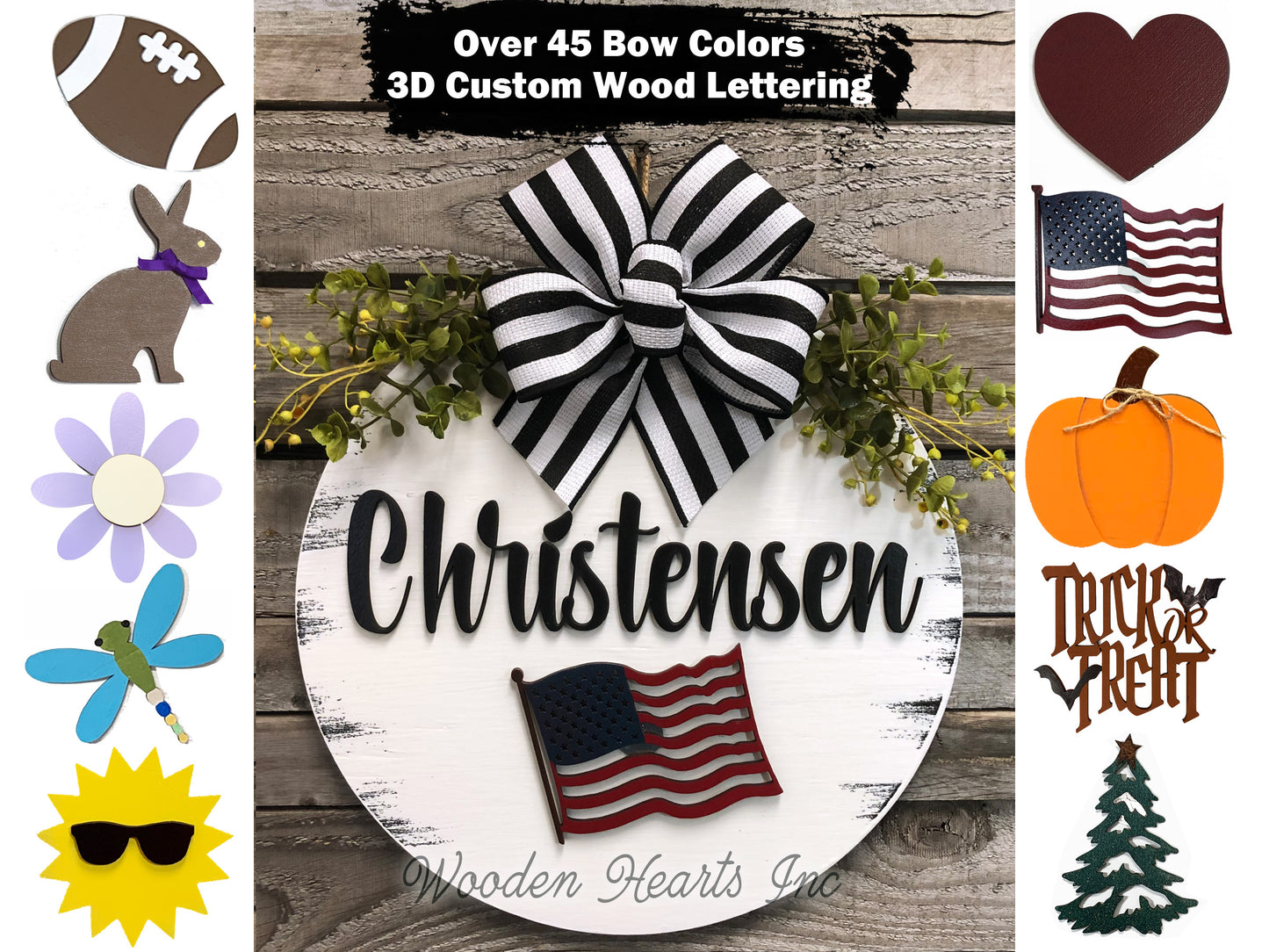 PERSONALIZED Season Changer + Interchangeable piece Door Hanger Welcome Wreath Custom 14" Round Sign - Wooden Hearts Inc