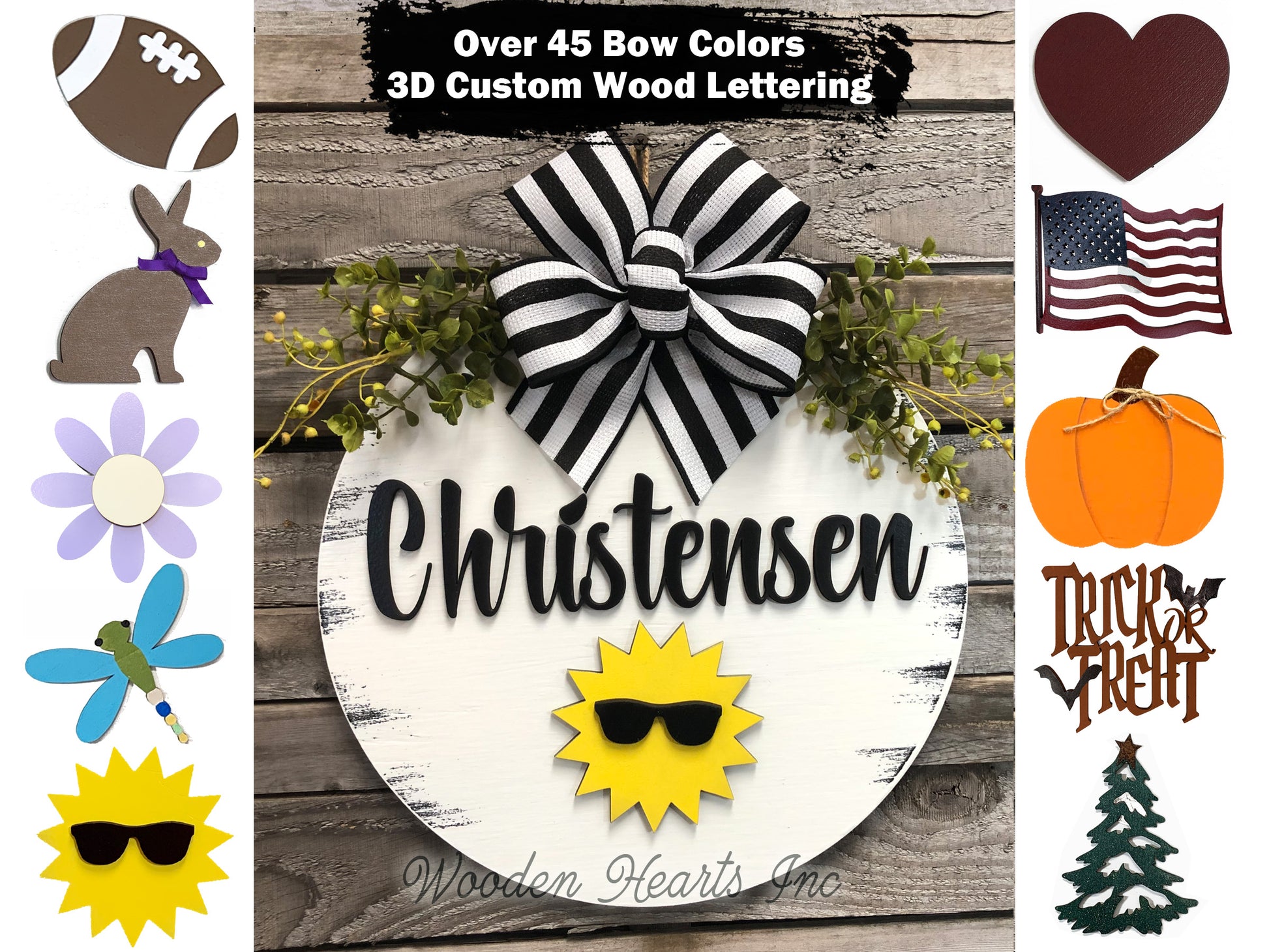PERSONALIZED Season Changer + Interchangeable piece Door Hanger Welcome Wreath Custom 14" Round Sign - Wooden Hearts Inc