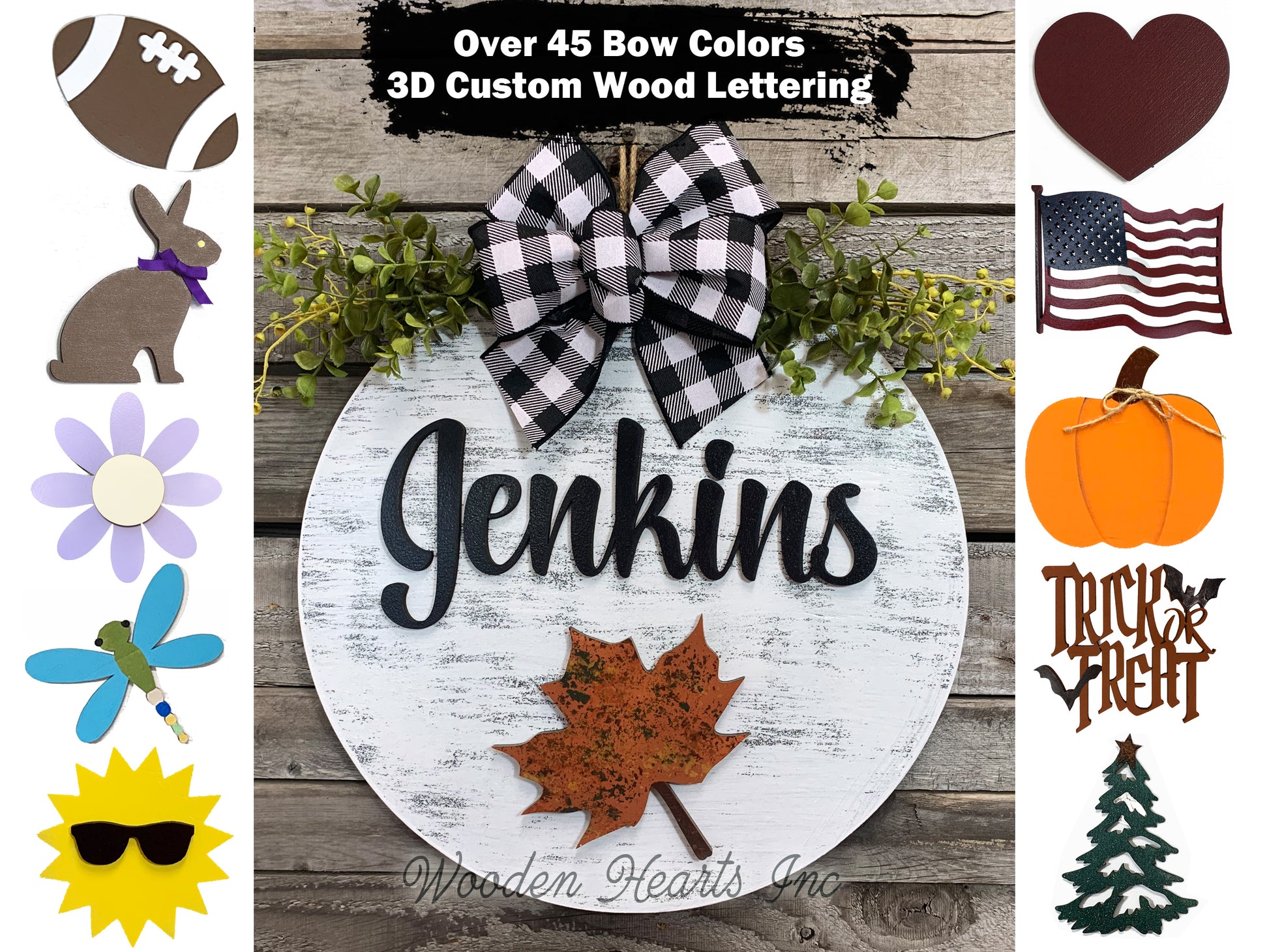 PERSONALIZED Season Changer + Interchangeable piece Door Hanger Welcome Wreath Custom 14" Round Sign - Wooden Hearts Inc