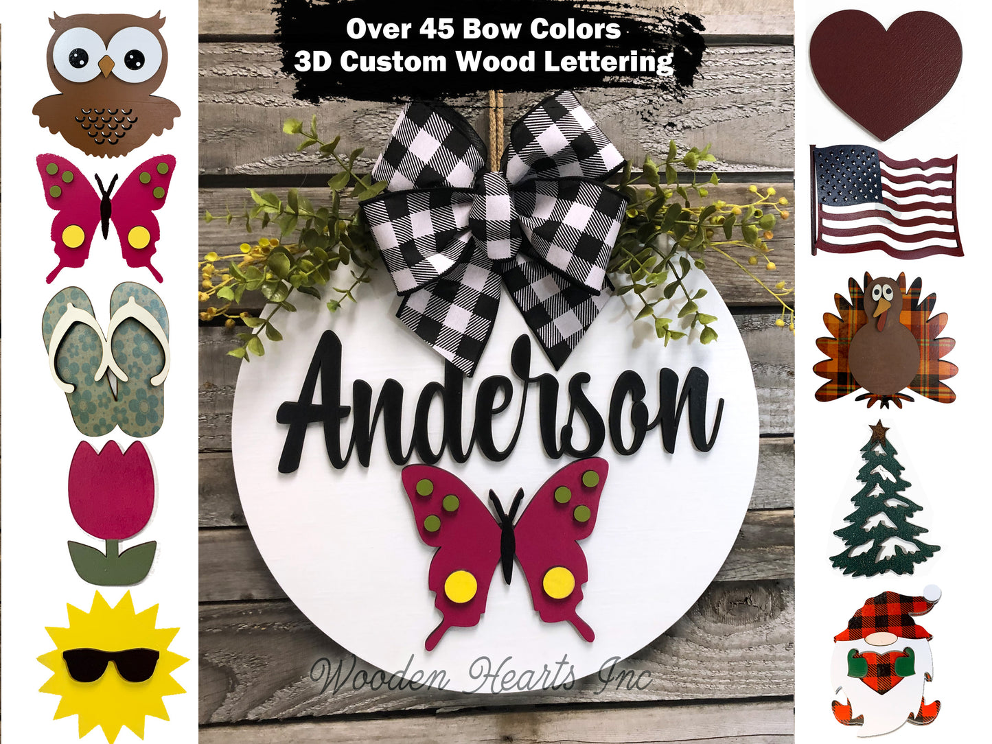 PERSONALIZED Season Changer + Interchangeable piece Door Hanger Welcome Wreath Custom 14" Round Sign - Wooden Hearts Inc