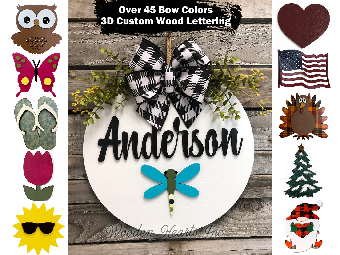 PERSONALIZED Season Changer + Interchangeable piece Door Hanger Welcome Wreath Custom 14" Round Sign - Wooden Hearts Inc