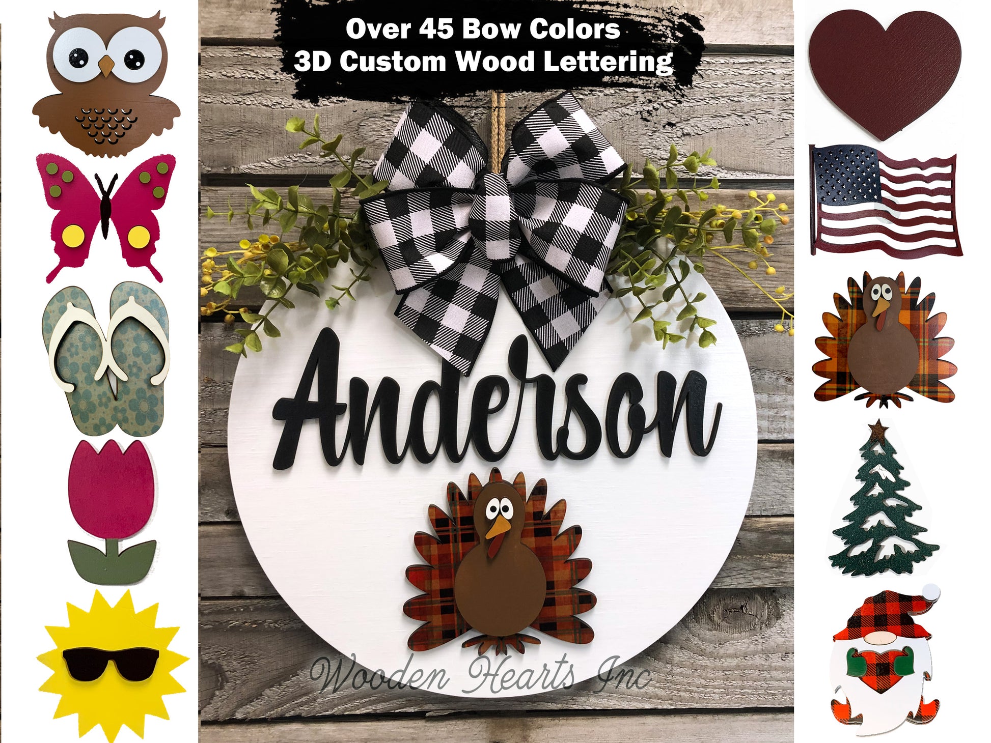 PERSONALIZED Season Changer + Interchangeable piece Door Hanger Welcome Wreath Custom 14" Round Sign - Wooden Hearts Inc
