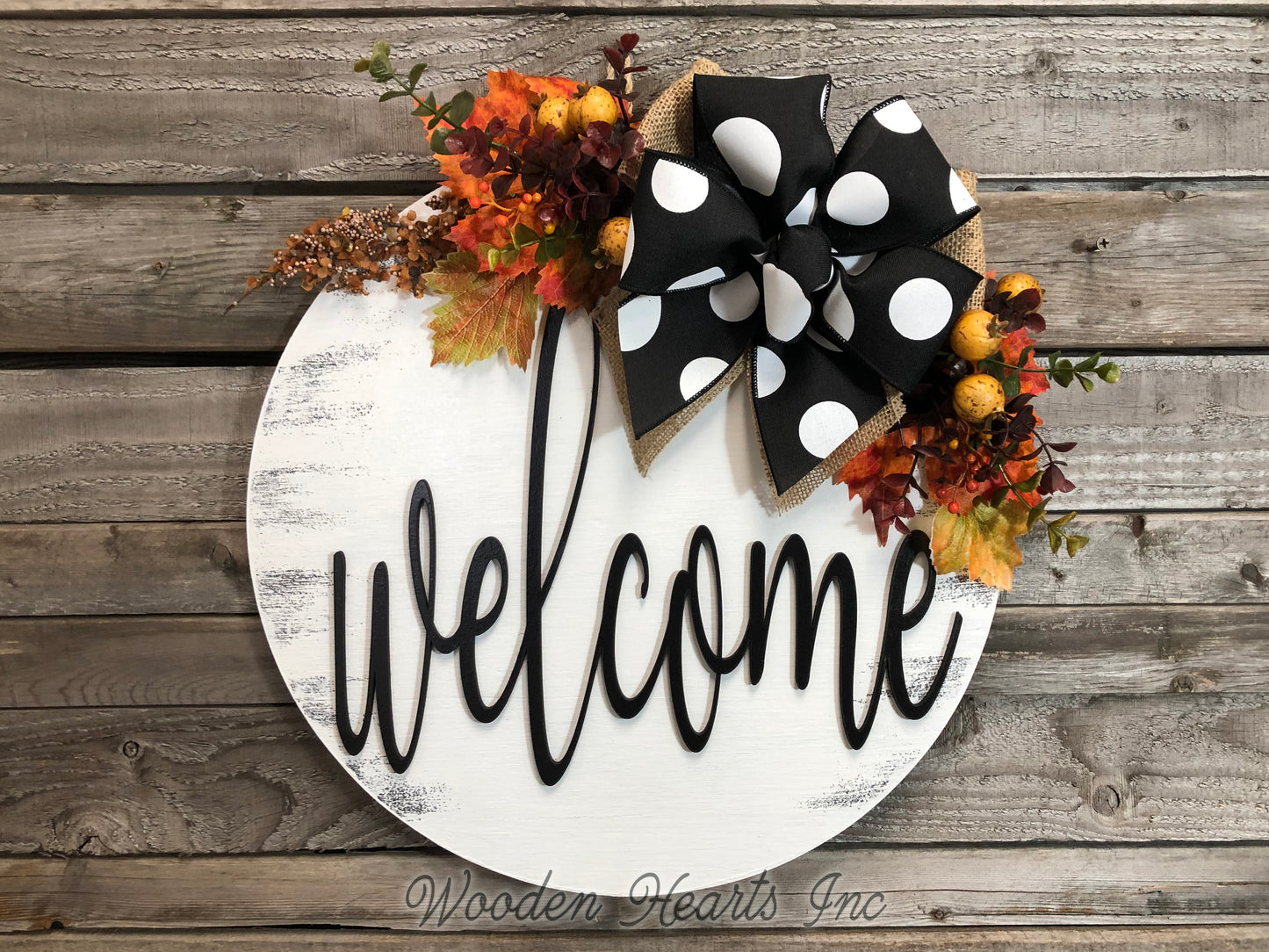 FALL Door hanger Wreath WELCOME Wood Round Sign 16" 3D Wood Lettering Bow Leaves Distressed - Wooden Hearts Inc