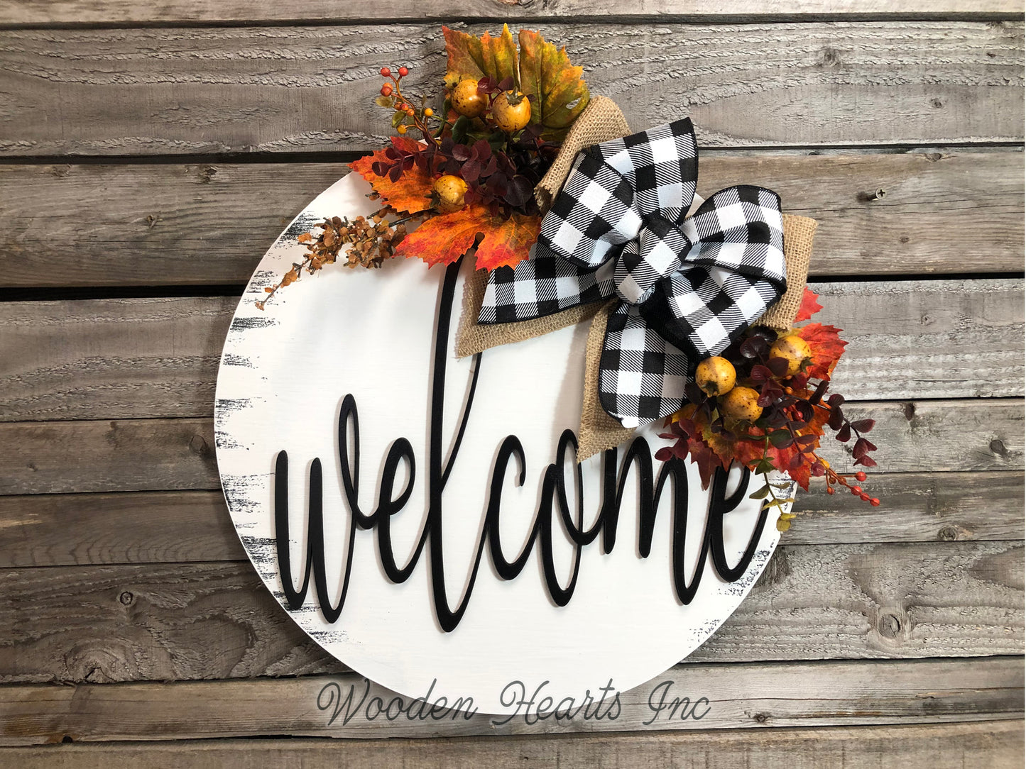 FALL Door hanger Wreath WELCOME Wood Round Sign 16" 3D Wood Lettering Bow Leaves Distressed - Wooden Hearts Inc