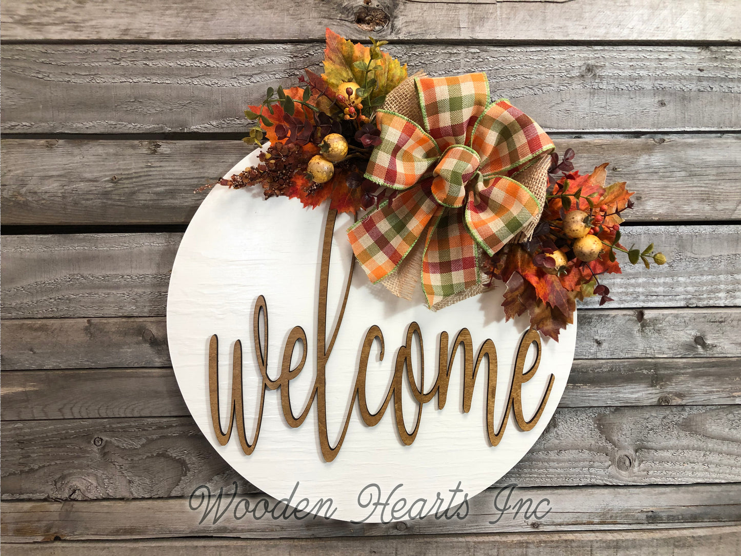 FALL Door hanger Wreath WELCOME Wood Round Sign 16" 3D Wood Lettering Bow Leaves Distressed - Wooden Hearts Inc
