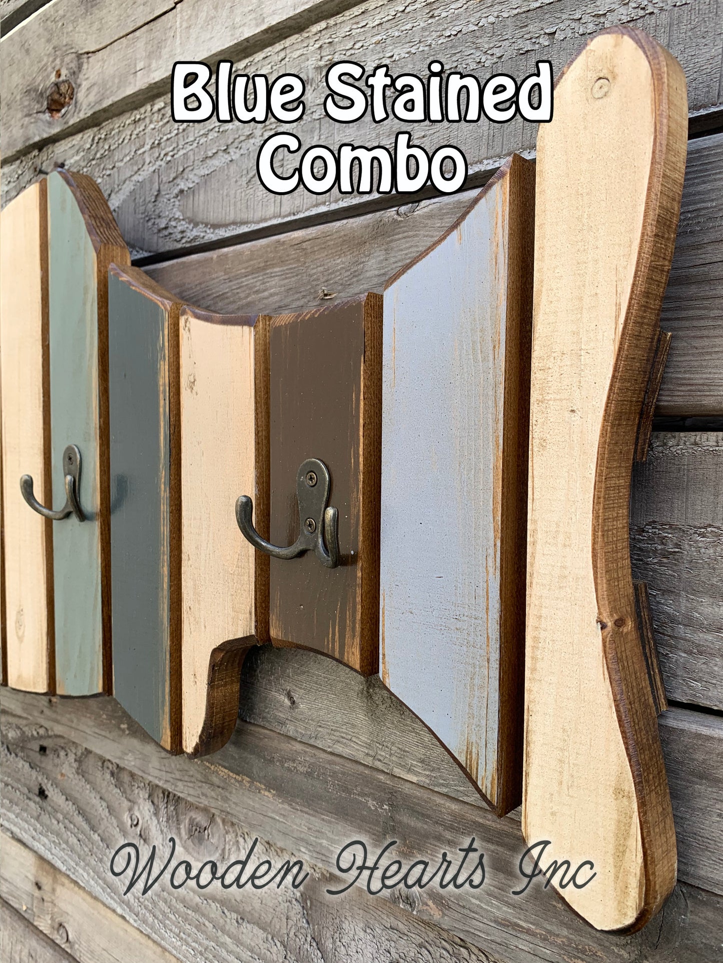 COAT RACK FISH Wood Towel, 4 metal hooks Lake Home Wall Cabin Distressed Blue Fisherman - Wooden Hearts Inc