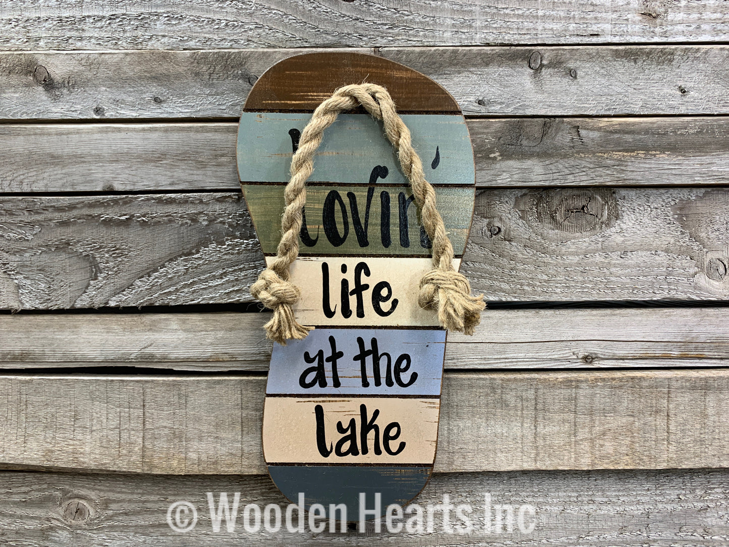 FLIP FLOP SIGN Lovin Life at the Lake in Flops Reclaimed wood Pallet Wall Beach House Ocean Blue - Wooden Hearts Inc
