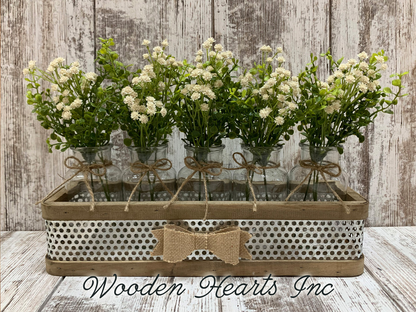 Centerpiece for Table *Farmhouse Tray with BURLAP BOW 5 glass bottle jars (Optional Greenery) - Wooden Hearts Inc