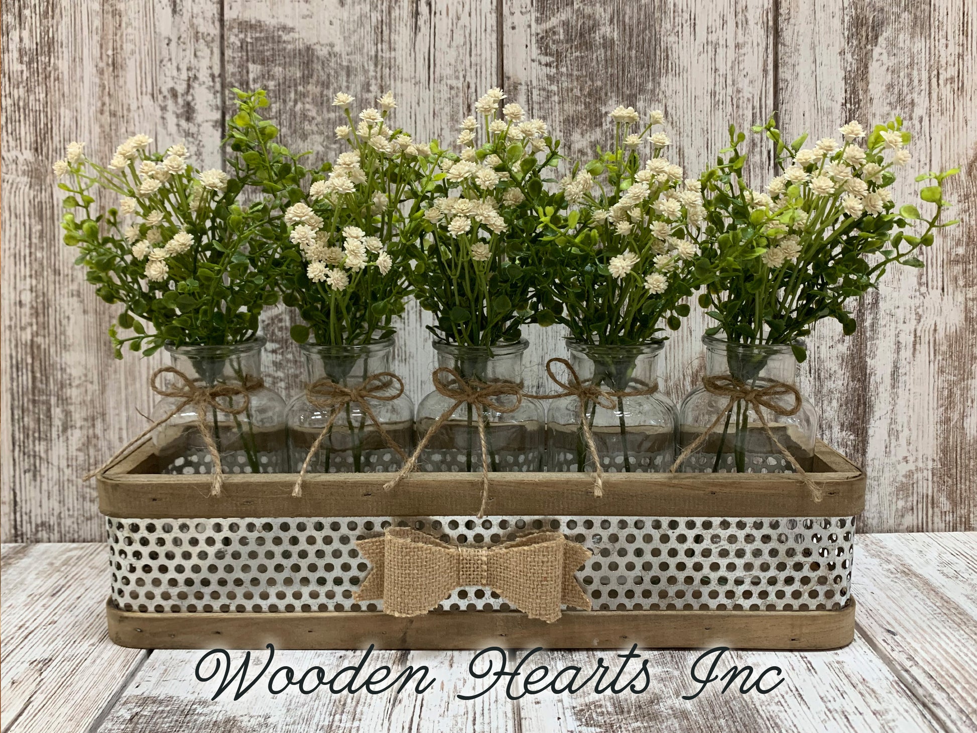 Centerpiece for Table *Farmhouse Tray with BURLAP BOW 5 glass bottle jars (Optional Greenery) - Wooden Hearts Inc
